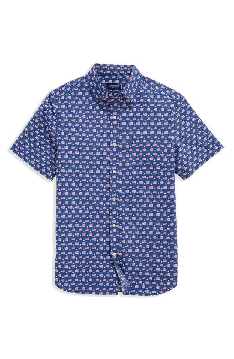 vineyard vines Flags & Stars Print Short Sleeve Cotton Button-Up Shirt, Alternate, color, 