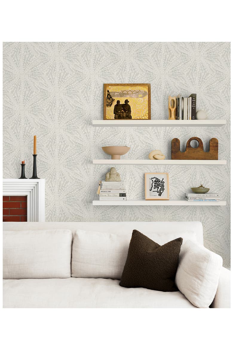Silver Sunburst Peel & Stick Wallpaper, Alternate, color, GREY