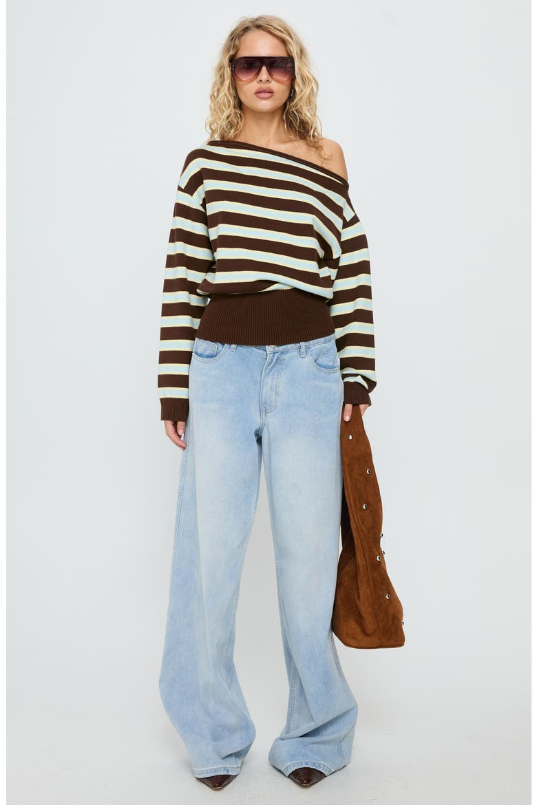 Zinia One-Shoulder Sweater, Alternate, color, BROWN / BLUE STRIPE