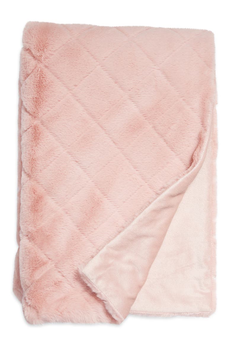 Diamond Jacquard Faux Fur Throw, Main, color, PINK PUFF