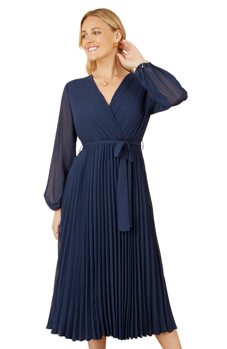 Yumi Long Sleeved Pleated Midi Wrap Dress, Alternate, color, Navy