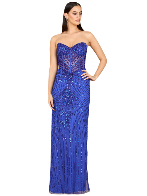 Lara New York Embellished Strapless Gown With Slit In Blue