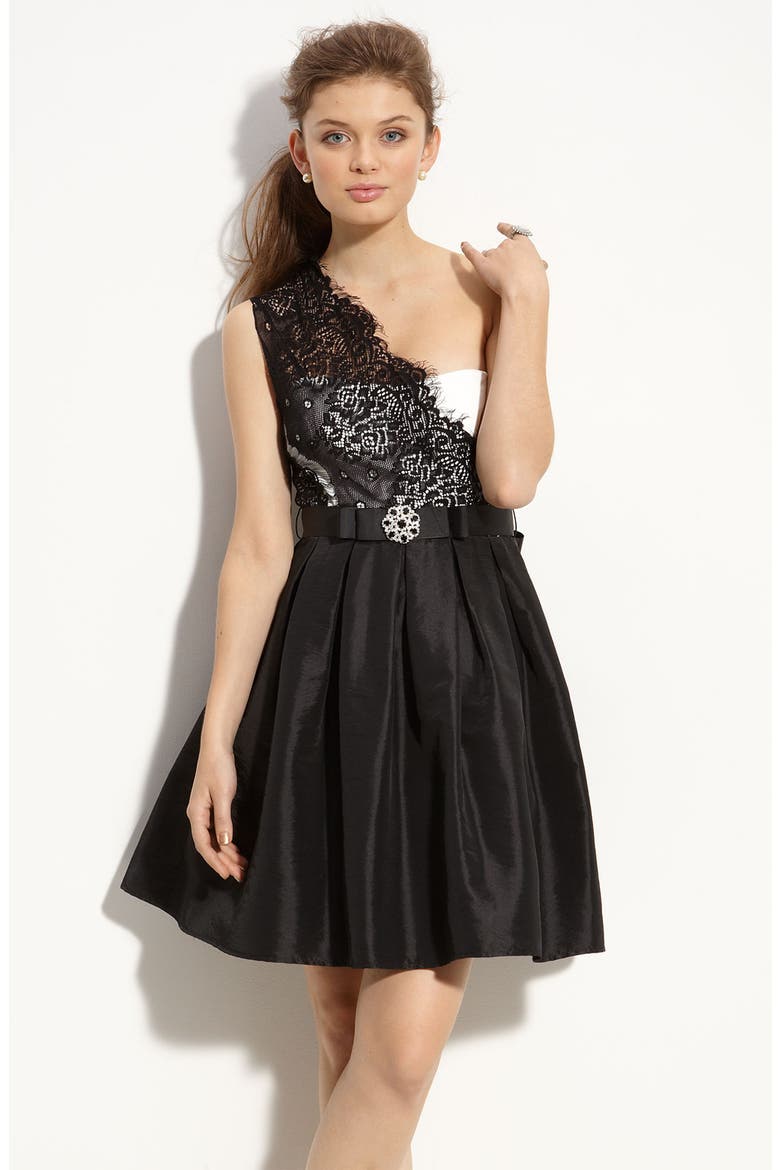 Lace One Shoulder Dress, Main, color, BLACK/OFF WHITE