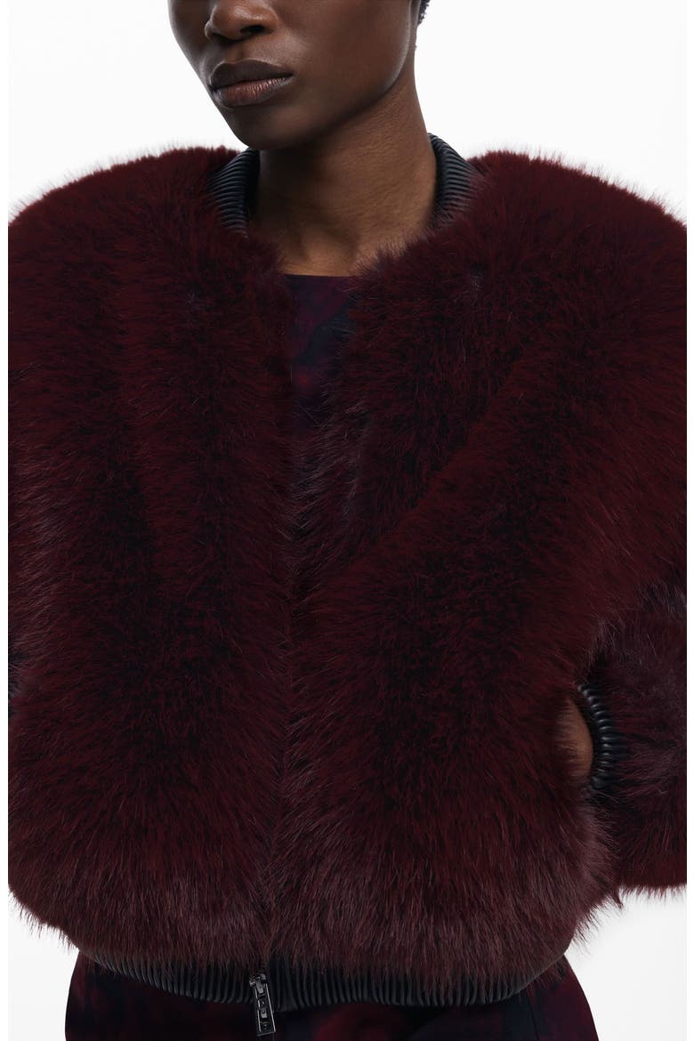 Faux Fur Bomber Jacket, Alternate, color, BURGUNDY