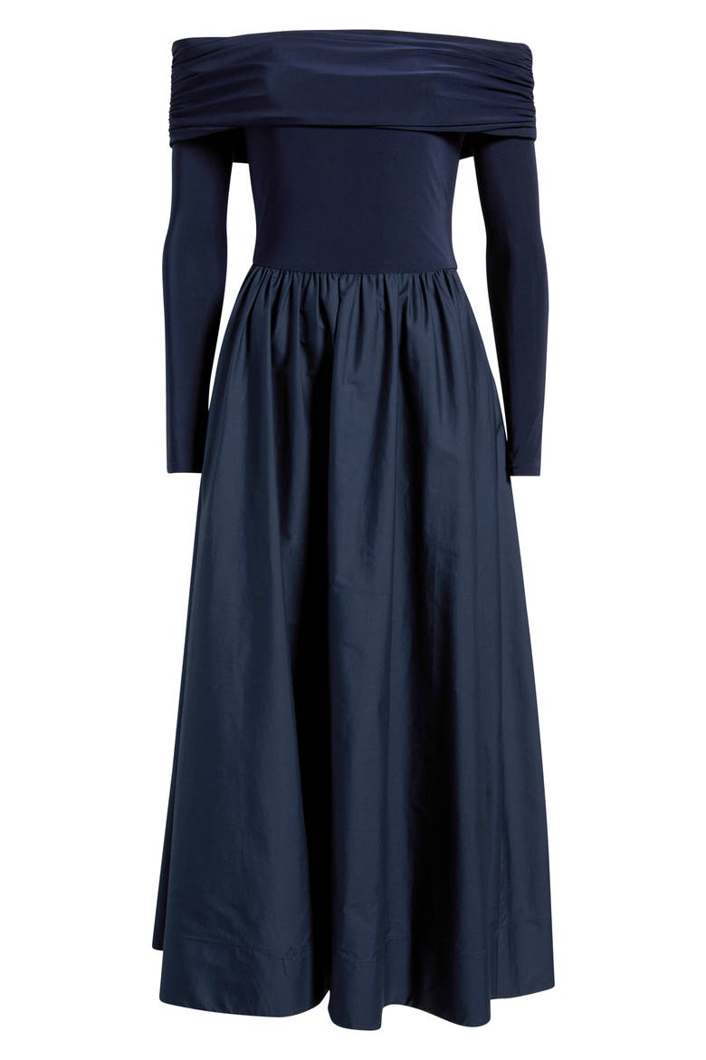 Off the Shoulder Long Sleeve Mixed Media Dress, Alternate, color, NAVY