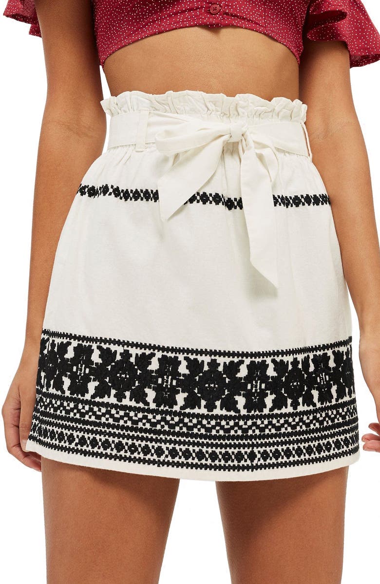 Topshop Culture Embroidered Paperbag Skirt, Main, color, 