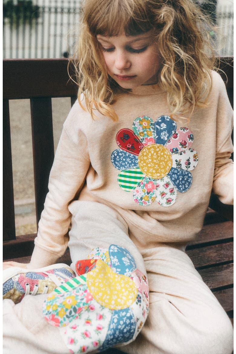 Kids' Appliqué Cuffed Joggers, Alternate, color, OATMEAL PATCHWORK FLOWER