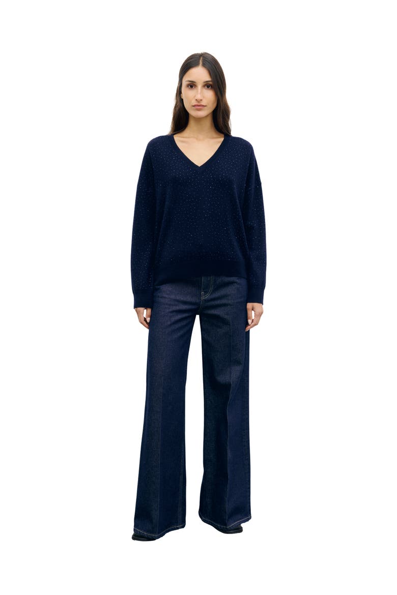Reda V-Neck Rhinestone Jumper, Alternate, color, Navy Blue