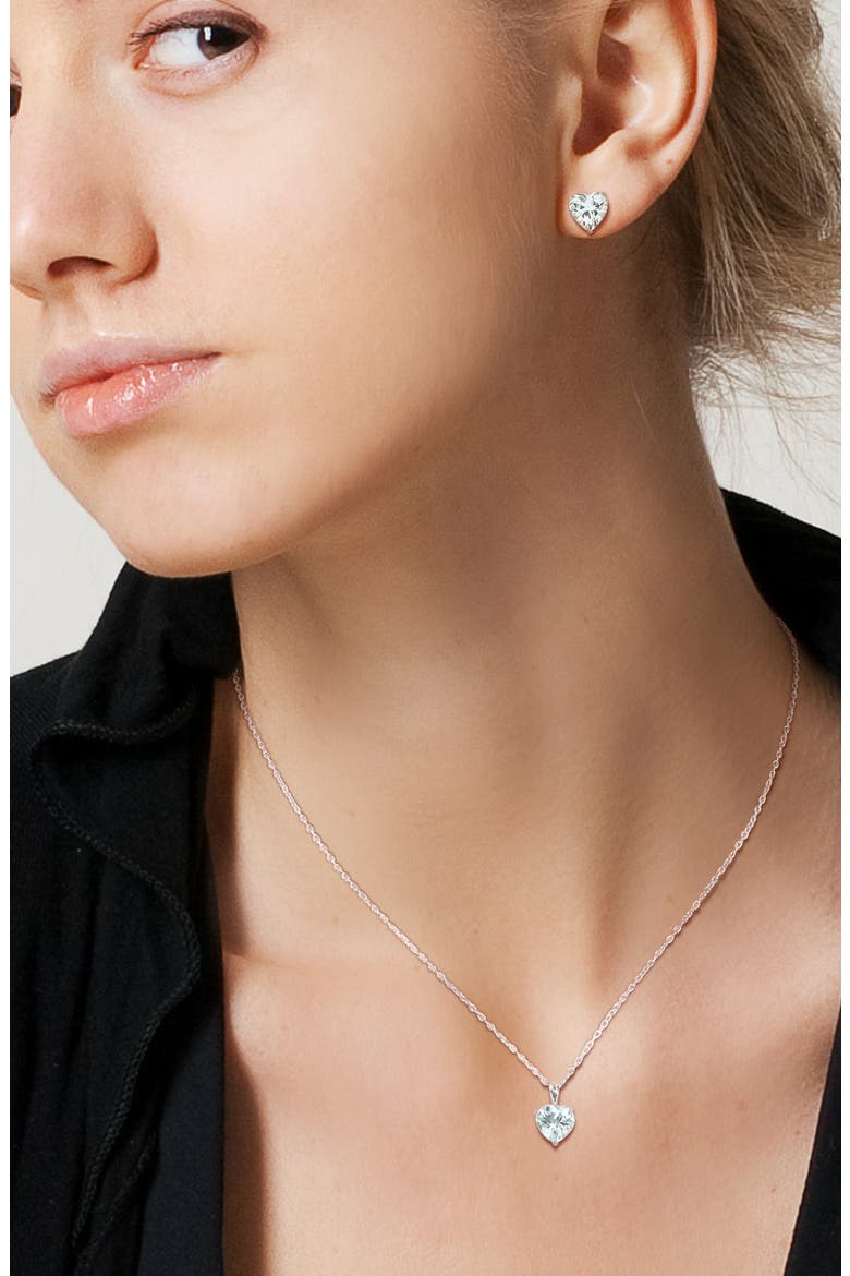 Sterling Silver Aquamarine Heart Stud Earrings & Necklace Set, Alternate, color, BLUE
