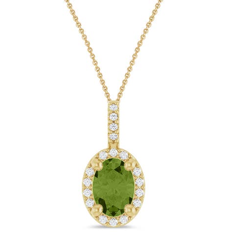 Oval Lab  Peridot & Diamond Halo Pendant Necklace 14K