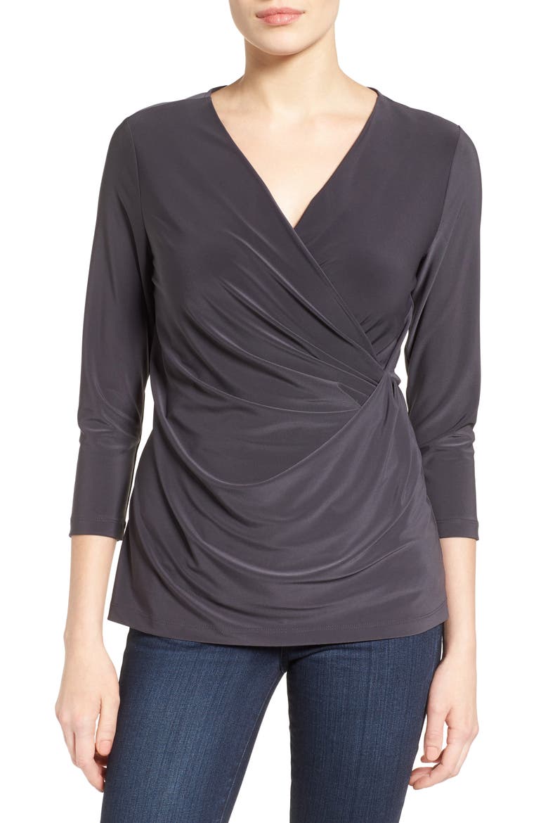 Solid Faux Wrap Top, Main, color, PHANTOM
