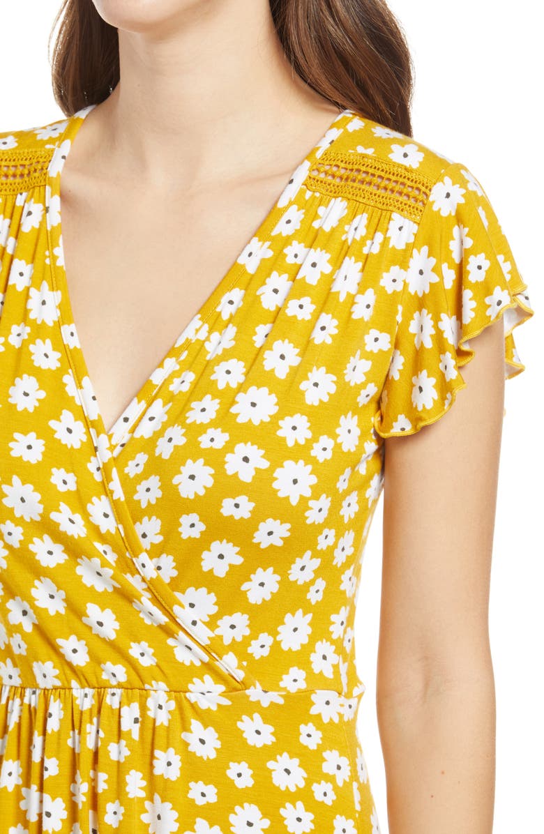 Loveappella Floral Wrap Front Flutter Sleeve Dress, Alternate, color,