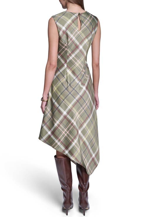 Plaid Cowl Neck Asymmetrical Midi Dress