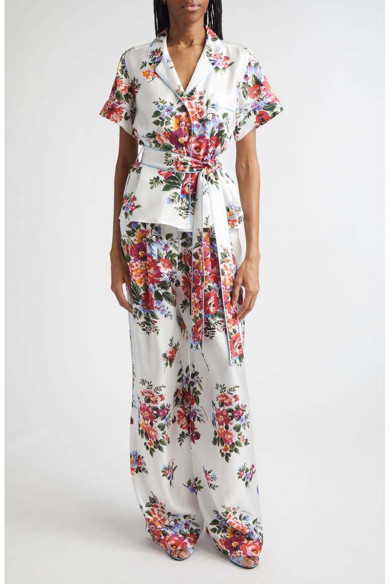 Floral Bouquet Print Belted Silk Twill Shirt, Alternate, color, MAZZ.FIORI F.BIANCO
