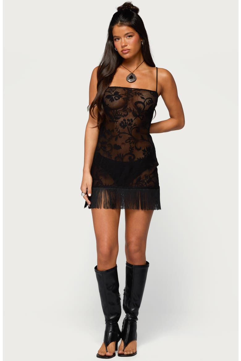 Sophina Fringe Trim Lace Minidress, Alternate, color, BLACK