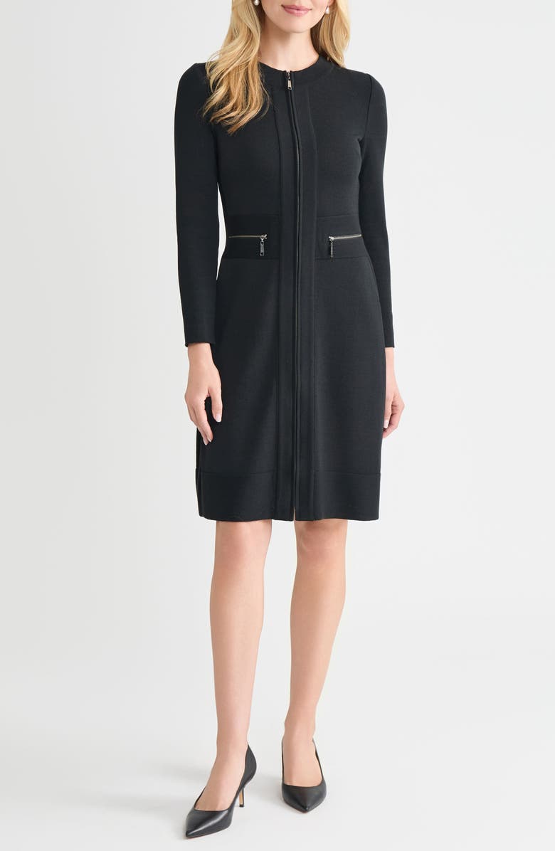 Misook Zip Front Long Sleeve Knit Sheath Dress, Main, color, 