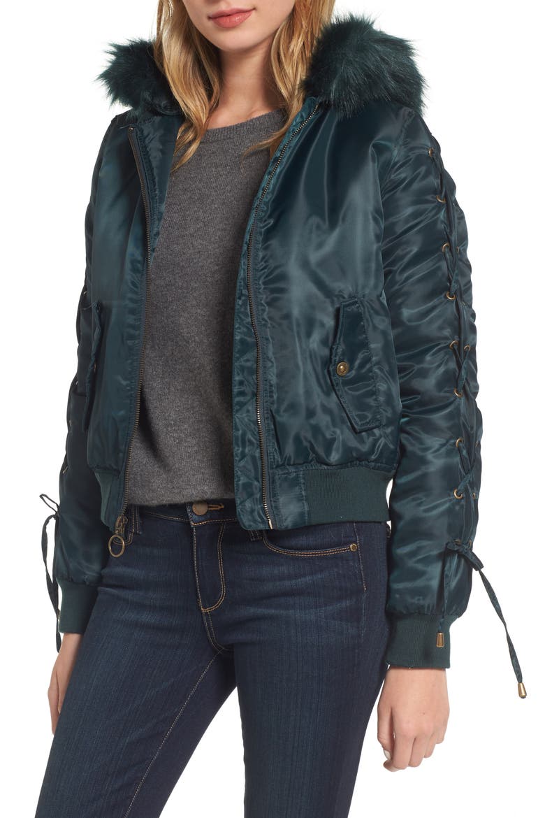 Lace-Up Sleeve Quilted Bomber Jacket, Main, color, JADE