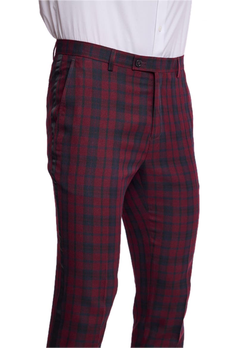 Sloane Slim Fit Plaid Tuxedo Pants, Alternate, color, BURGUNDY BLACK TARTAN