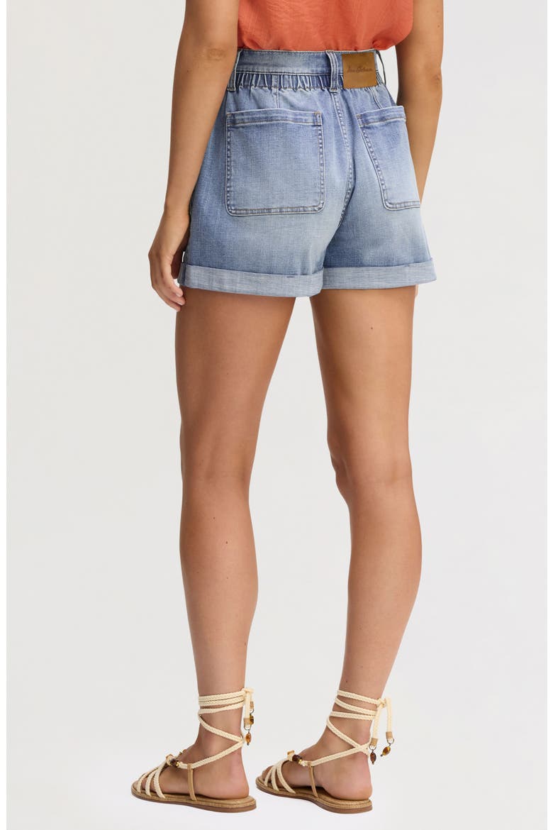 Embroidered Eyelet Paperbag Waist Denim Shorts, Alternate, color, POPPY INDIGO WASH