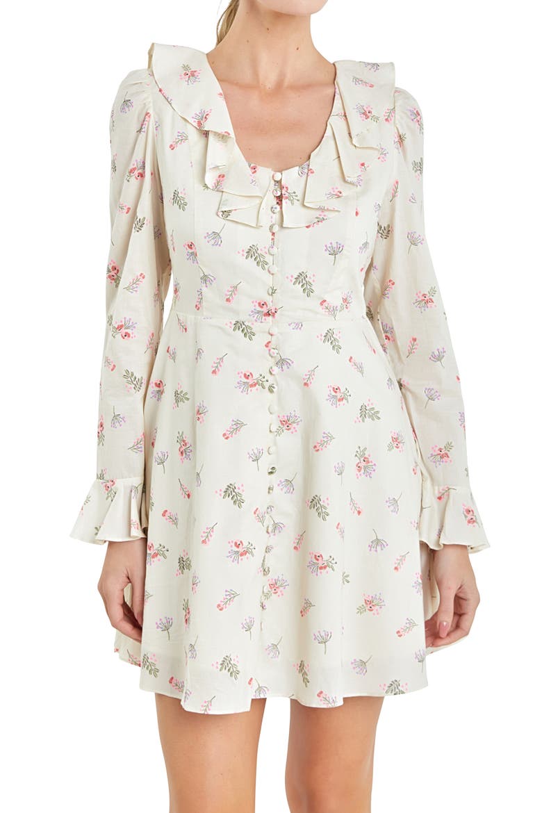 Floral Ruffle Button Front Long Sleeve Minidress, Alternate, color, IVORY
