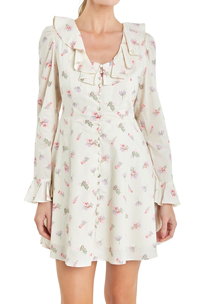 English Factory Floral Ruffle Button Front Long Sleeve Minidress, Alternate, color, Ivory