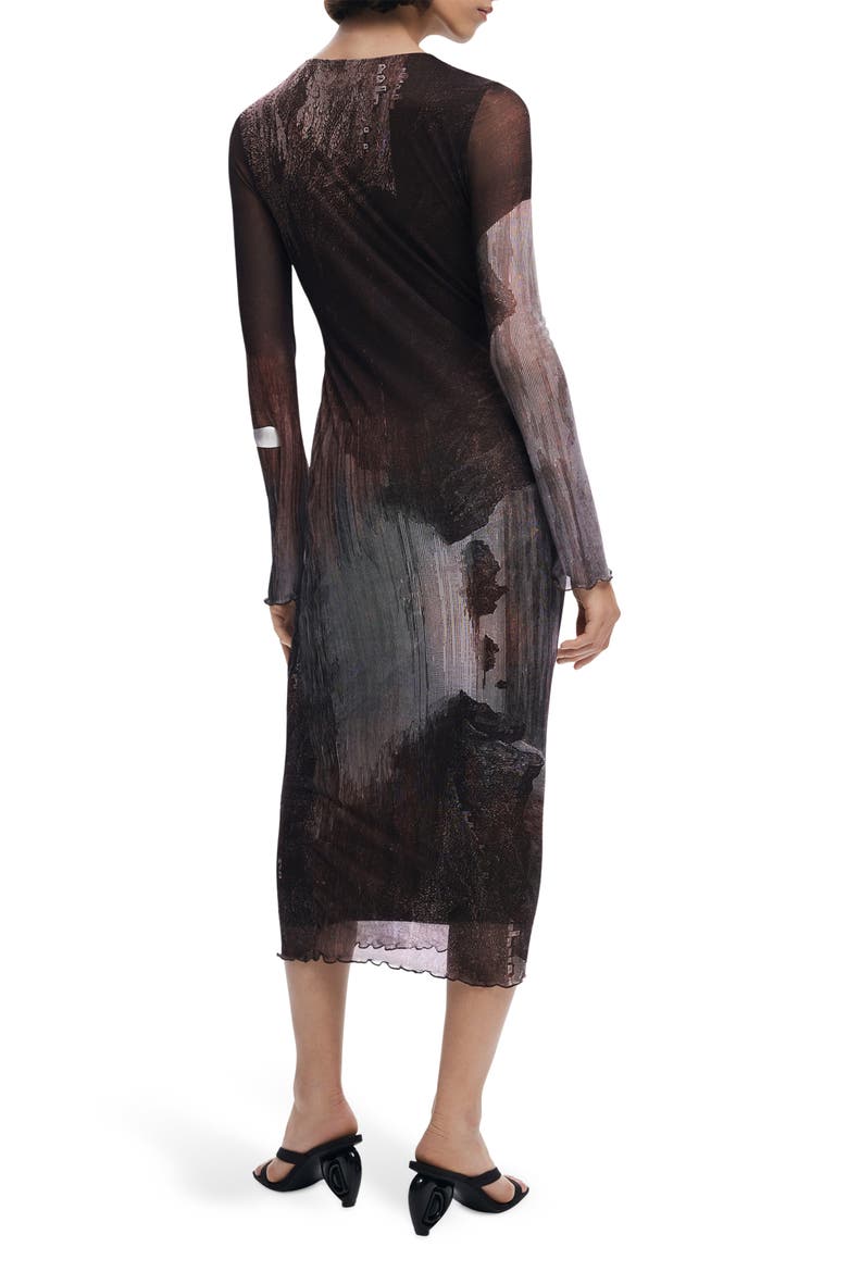 Abstract Print Long Sleeve Mesh Midi Dress, Alternate, color, DARK BROWN