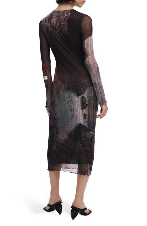 Desigual Abstract Print Long Sleeve Mesh Midi Dress In Brown