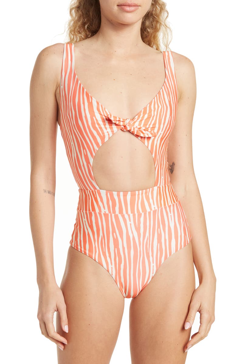 Maaji Serengueti Sherbet Reversible Tie Front One-Piece Swimsuit, Main, color, 