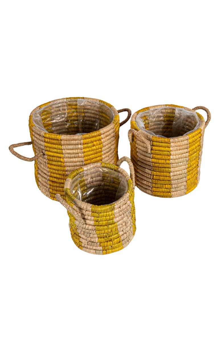 Storied Home 3-Piece Hand-Woven Seagrass Baskets with Stripes, Handles and Plastic Lining, Natural and Yellow, Main, color, Yellow