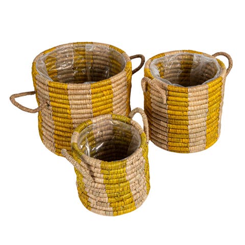 3-Piece Hand-Woven Seagrass Baskets with Stripes, Handles and Plastic Lining, Natural and Yellow
