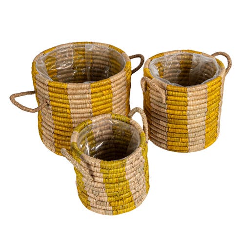 Storied Home 3-piece Hand-woven Seagrass Baskets With Stripes, Handles And Plastic Lining, Natural A In Yellow