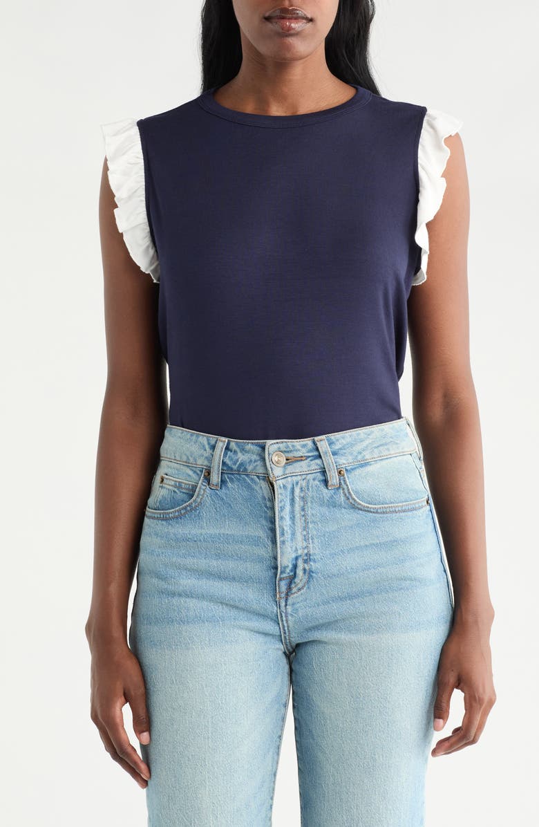 CYRUS Ruffle Sleeveless Top, Main, color, Navy/ Bone