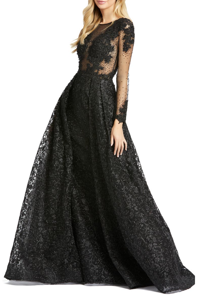 Embellished Lace Long Sleeve Ball Gown, Main, color, BLACK