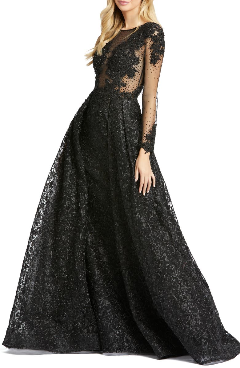 Mac Duggal Embellished Lace Long Sleeve Ball Gown, Main, color, 