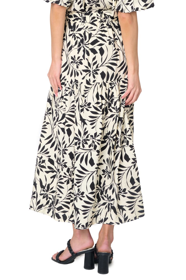 Playa Floral Tiered High Waist Maxi Skirt, Alternate, color, PARCHMENT/BLACK GRAPHIC PALM