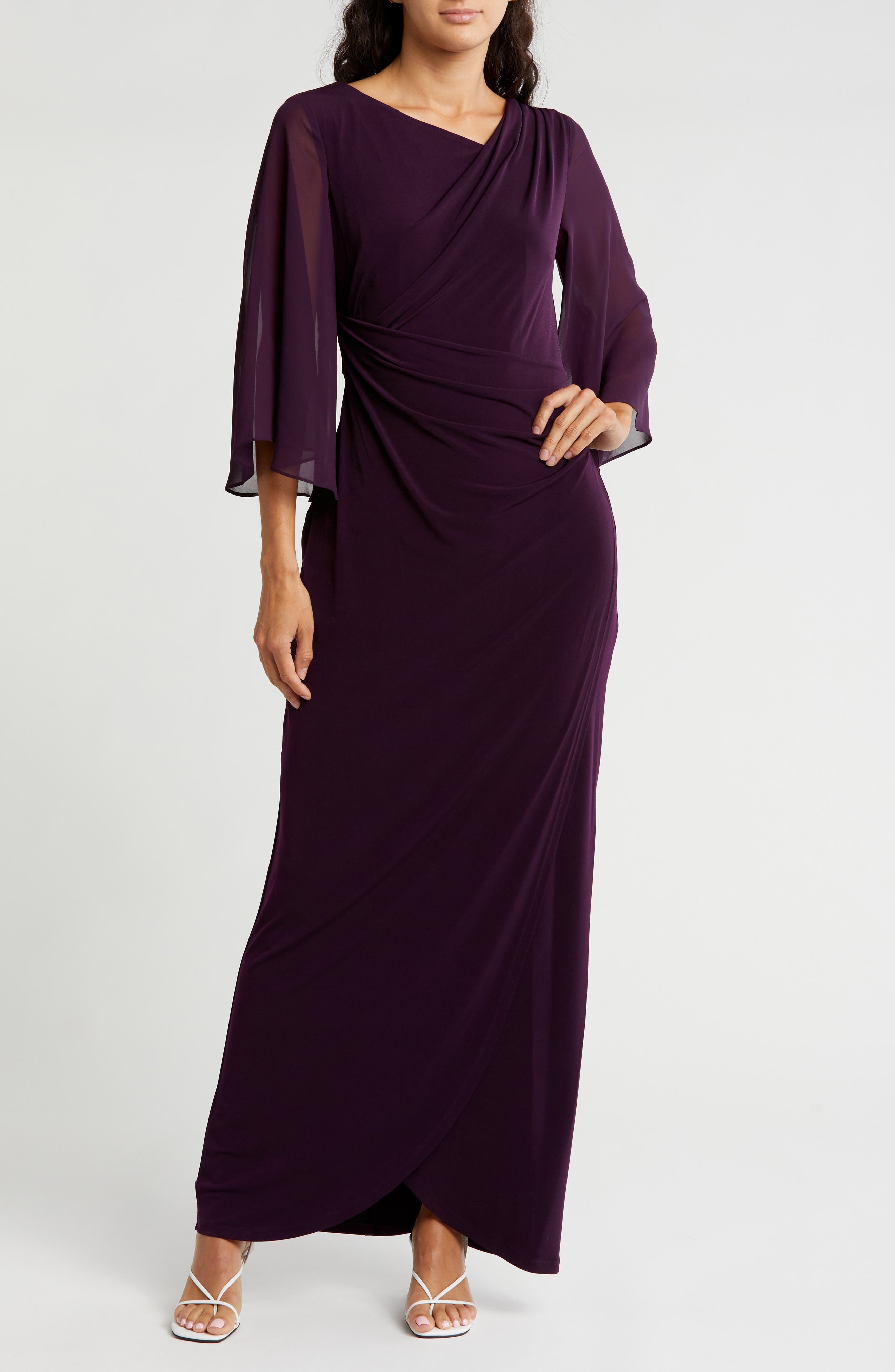 Connected Apparel Chiffon Cape Sleeve Side Ruched Gown