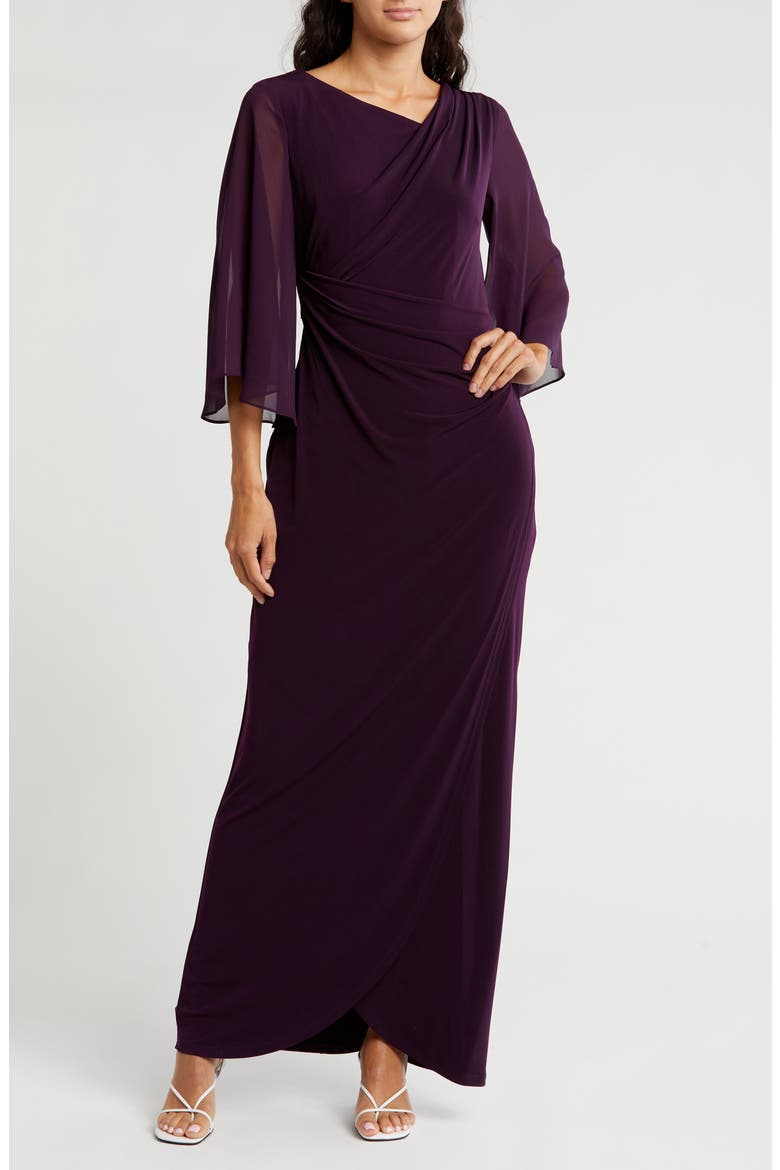 Chiffon Cape Sleeve Side Ruched Gown, Main, color, AUBERGINE