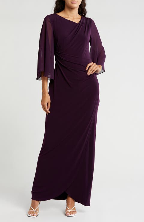 Chiffon Cape Sleeve Side Ruched Gown