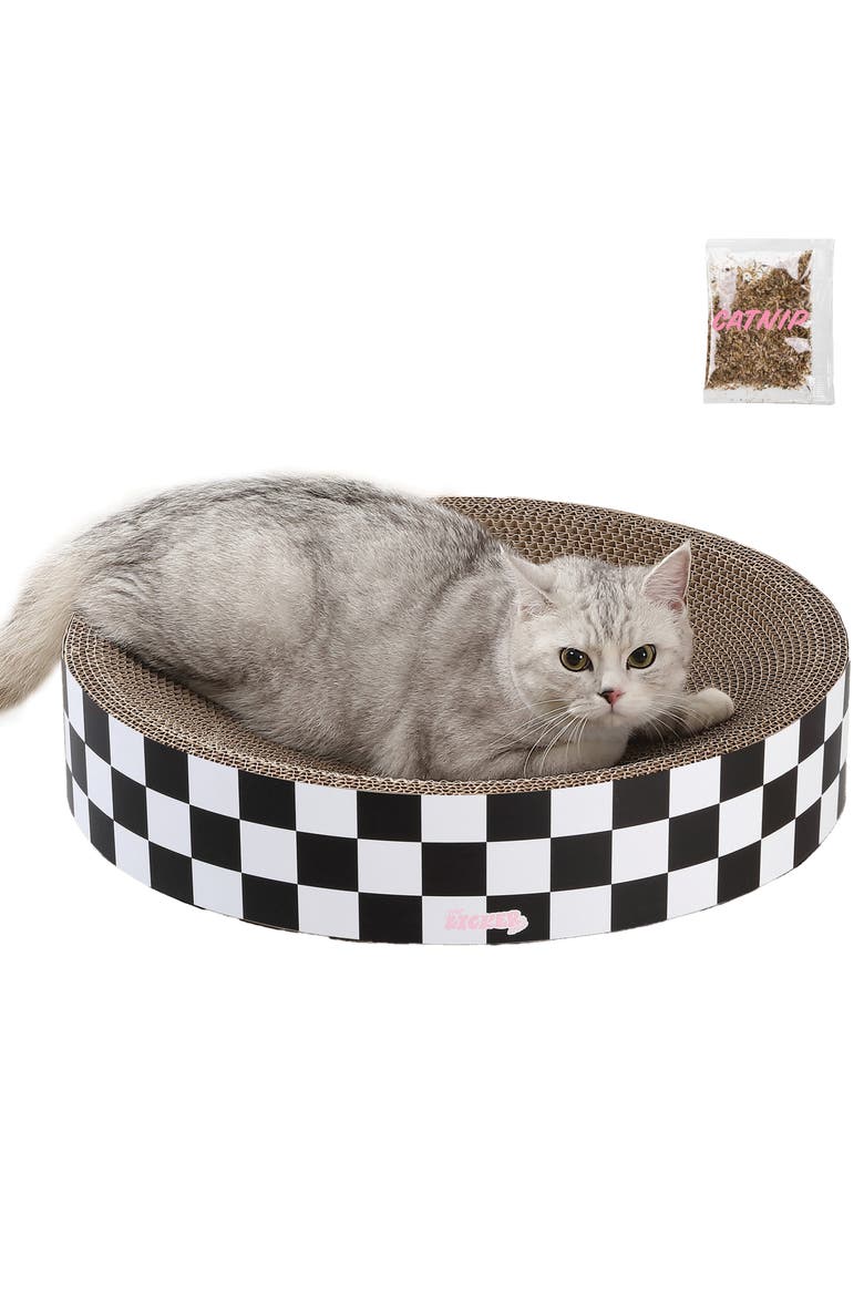Nelson 20.13" Modern Cardboard Round Bowl Cat Scratcher with Catnip, Main, color, White/Black