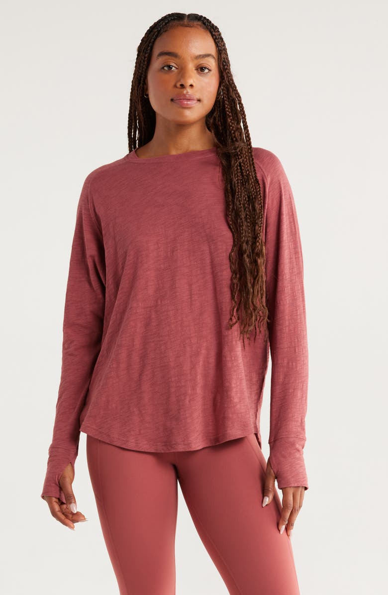 Zella Relaxed Washed 2.0 Long Sleeve Slub Tee, Main, color, Red Jelly