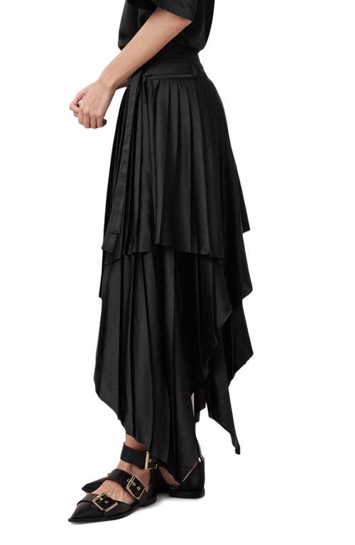 Allsaints Womens Black Kat Pleated Asymmetric-hem Satin Midi Skirt In Black