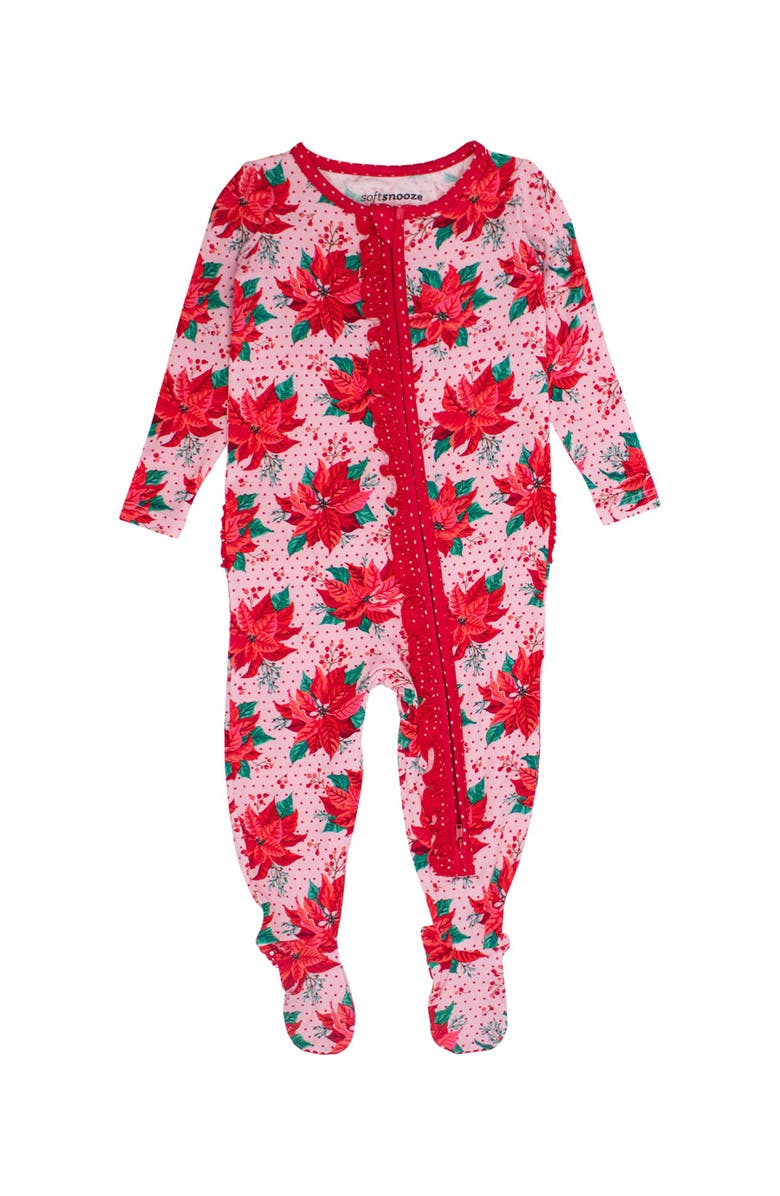 RuffleButts SoftSnooze Girls Holiday Ruffle One Piece Footie Pajamas, Main, color, Poinsettia Wonderland