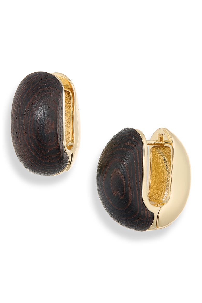 Simple Wood Chubbie 12k Gold Plated Huggie Hoop Earrings, Main, color, 12K SHINY GOLD/ WALNUT