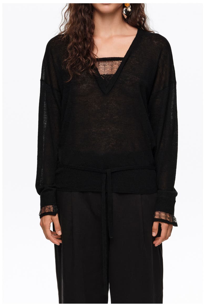 Wool V-Neck Long Sweater, Main, color, BLACK