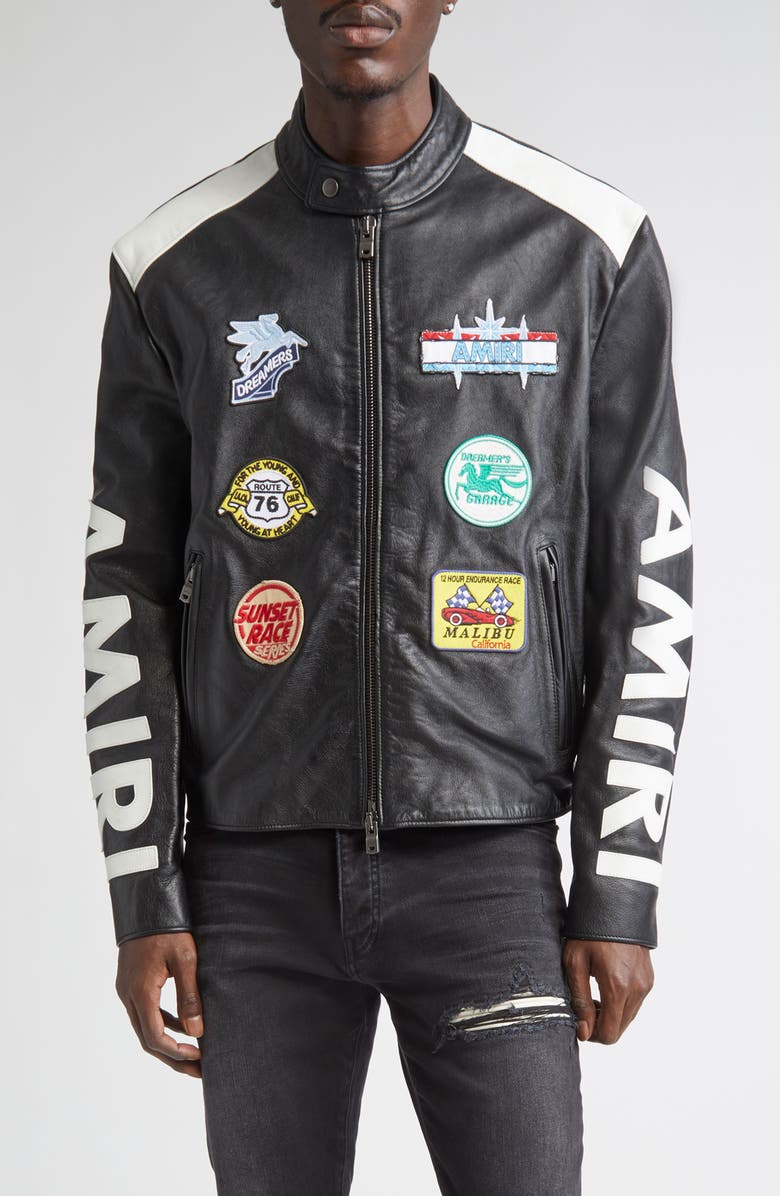 AMIRI Patches Leather Racer Jacket, Main, color, Black