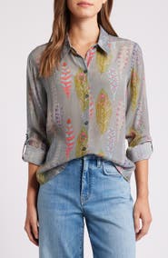 APNY Abstract Print Roll Tab Sleeve Chiffon Button-Up Shirt