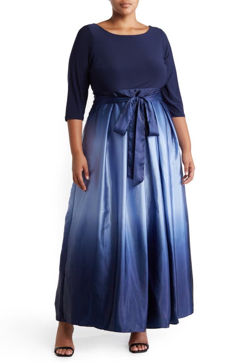 Three-Quarter Sleeve Jersey Bodice Ombré Satin A-Line Gown (Plus Size)