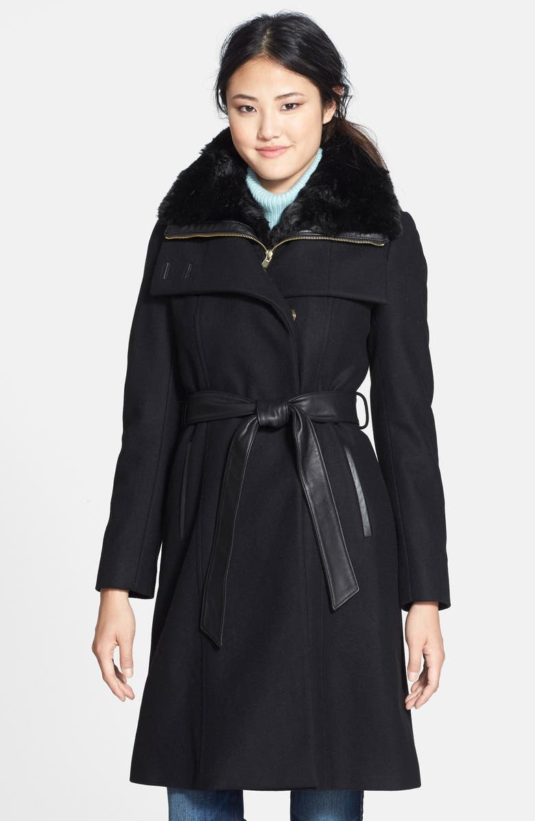 French Connection Leather Trim Long Coat with Removable Faux Fur Collar, Main, color,