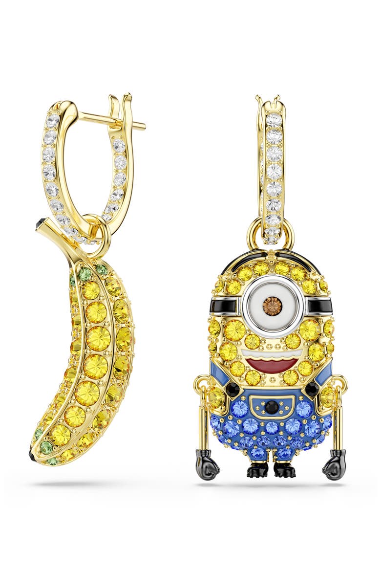 Minions® Stuart Banana Mismatched Crystal Hoop Earrings, Main, color, GOLD/ MULTI