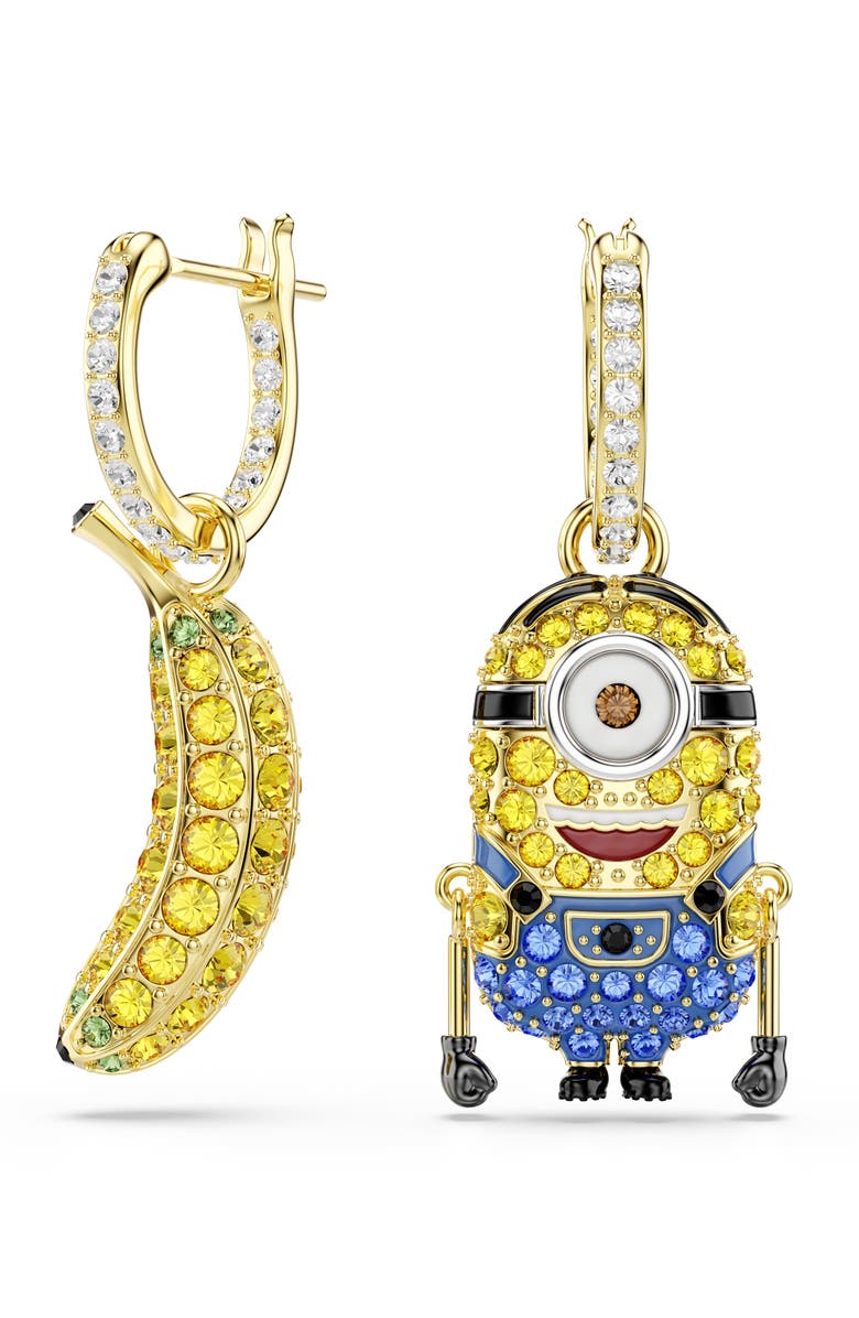 Swarovski Minions<sup>®</sup> Stuart Banana Mismatched Crystal Hoop Earrings, Main, color, Gold/ Multi